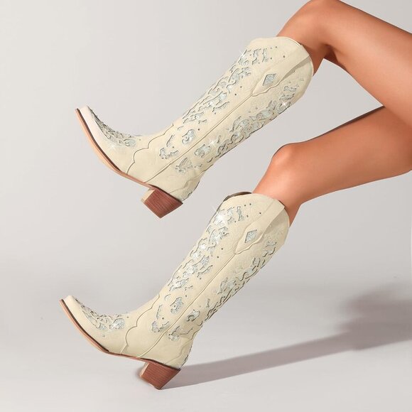 White Women Sparkly Rhinestone Wedding Boots Trendy Vintage Tall Glitter Boot - Picture 3 of 5